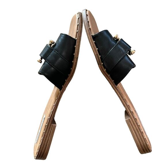 Steve Madden | Size 10 Alita Slip on Slide Sandals Gold Tone Black Hardware - Picture 11 of 11